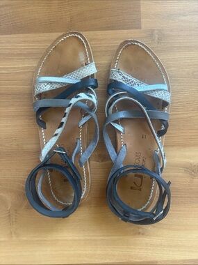 K.Jacques Black, Gray and Cream Leather Wrap Sandals